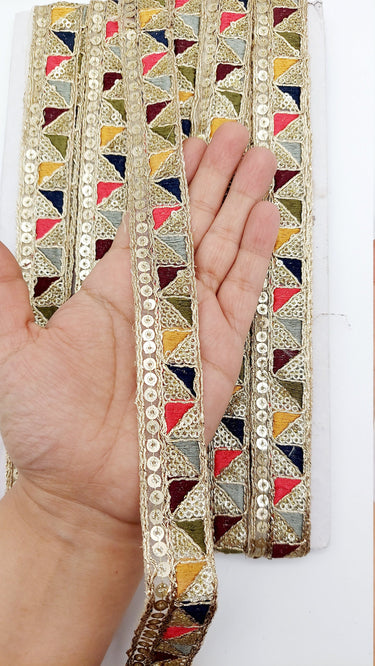Gold Sequin Border With Multicoloured Triangle Embroidery, Beige Shimmer Lace Trim, Decorative Trim